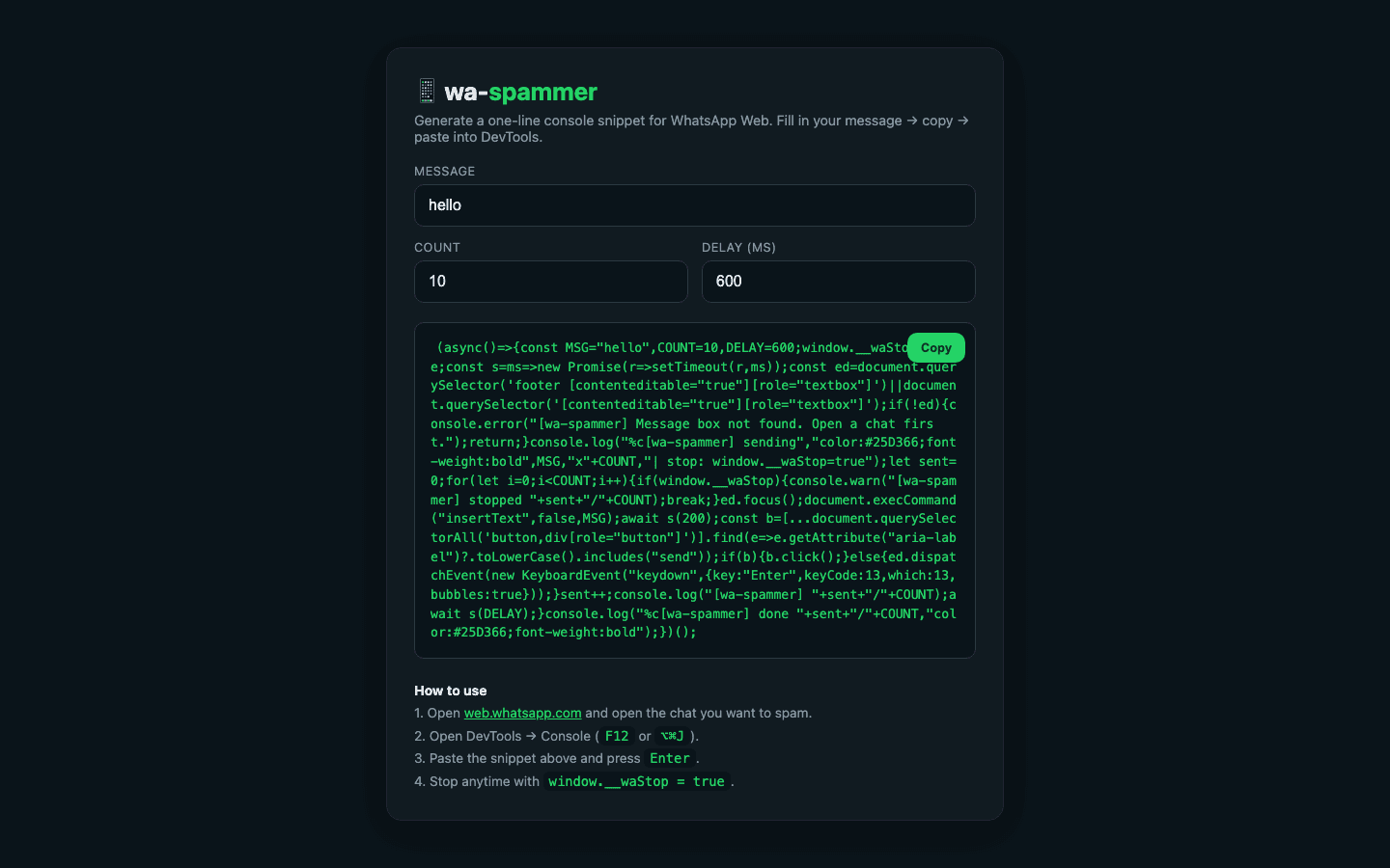wa-repeater — Test repeated sends on your own account.